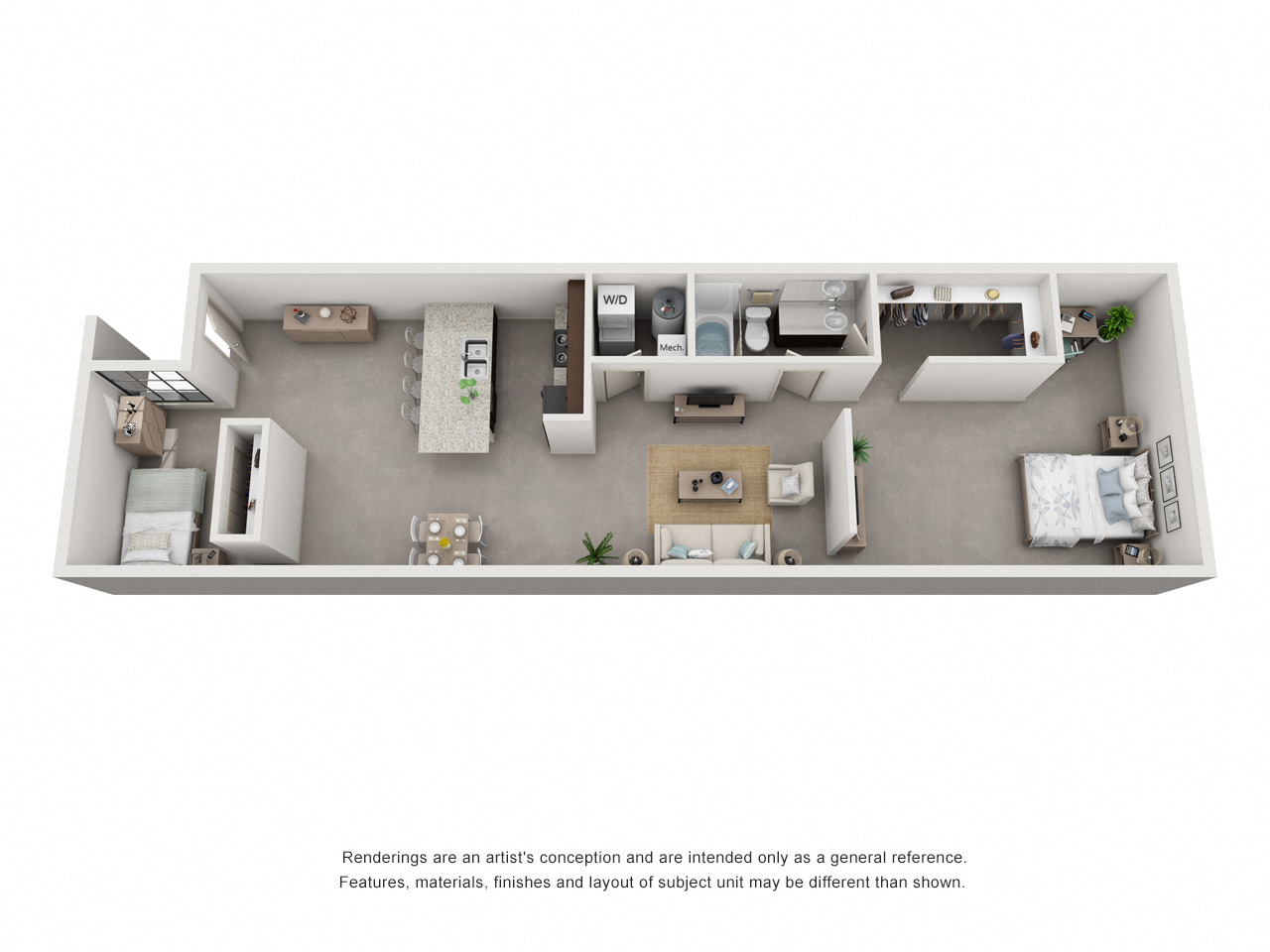 Floor plan for 2 beds, 1 bath, 1293 sqft